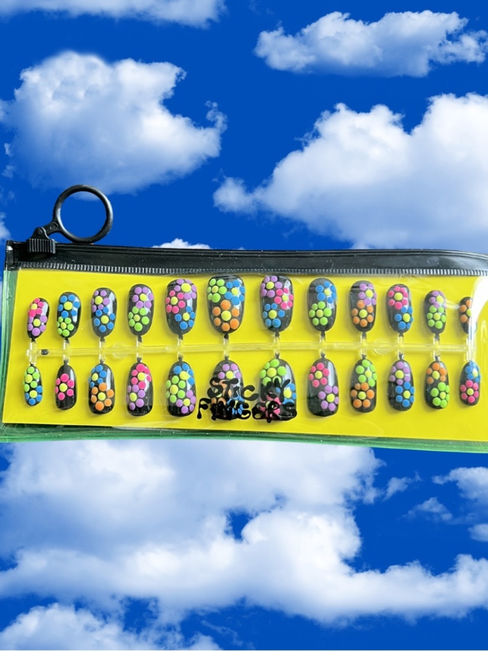 Sticky Fingers Black and Neon Flowers 3D Press-On Nail Set Hand Painted